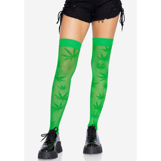 Marijuana Leaf Fishnet Thigh High Stockings - Leg Avenue