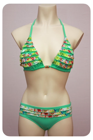 Green Ruffle Detailed Bikini Top & Brief - Front