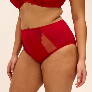Model wearing Elomi Brianna full brief in Haute Red, close-up front view