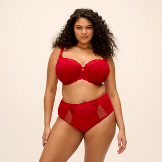 Model wearing Elomi Brianna full brief in Haute Red with matching half cup bra, front view