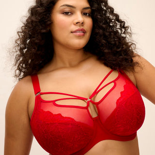 Model wearing Elomi Brianna plunge bra in Haute Red, close-up front view