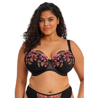 Close-up of model wearing Elomi Teagan half cup bra in Rainbow