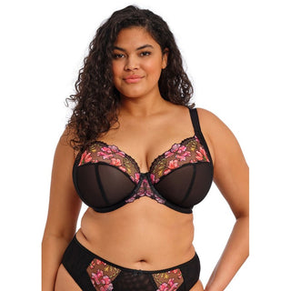 Close-up of model wearing Elomi Teagan plunge bra in Rainbow