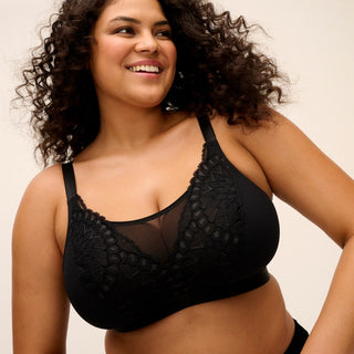 Close-up of model wearing Elomi Tiernie non wired bralette in Black
