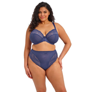 Model wearing Elomi Tiernie brief in Denim Blue, front view