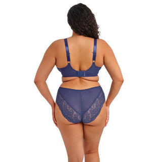 Model wearing Elomi Tiernie plunge bra in Denim Blue, back view