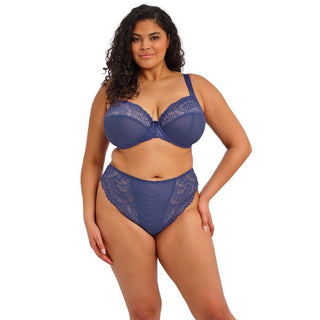 Model wearing Elomi Tiernie plunge bra in Denim Blue, front view