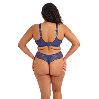 Model wearing Elomi Tiernie thong in Denim Blue, back view