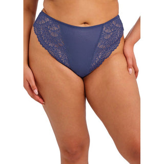 Close-up of model wearing Elomi Tiernie thong in Denim Blue