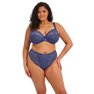 Model wearing Elomi Tiernie thong in Denim Blue, front view