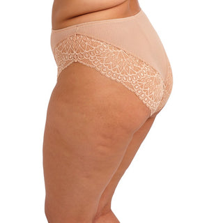 Model wearing Elomi Tiernie brief in Sahara Nude, alternative view 4