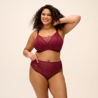 Model wearing Elomi Tiernie brief in Tibetan Red, front view