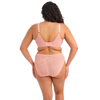 Model wearing Elomi Zarla high leg brief in Rose Bud Pink, back view