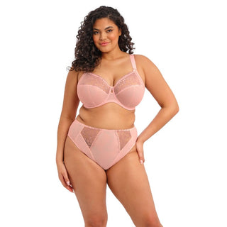 Model wearing Elomi Zarla high leg brief in Rose Bud Pink, front view
