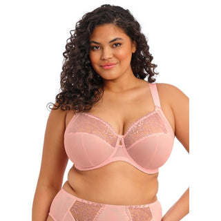 Close-up of model wearing Elomi Zarla side support underwired bra in Rose Bud Pink