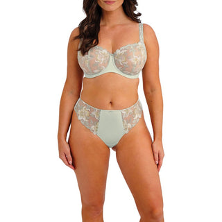 Model wearing Fantasie Magdalena balconette bra in Vintage Green with matching thong, front view