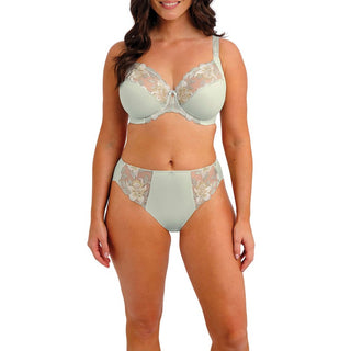 Model wearing Fantasie Magdalena side support bra in Vintage Green with matching brief, front view