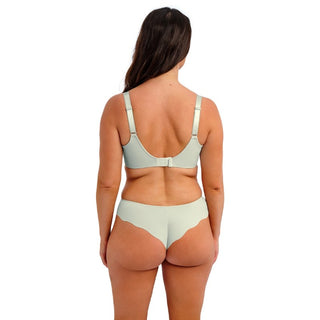 Model wearing Fantasie Magdalena thong in Vintage Green with matching balconette bra, back view