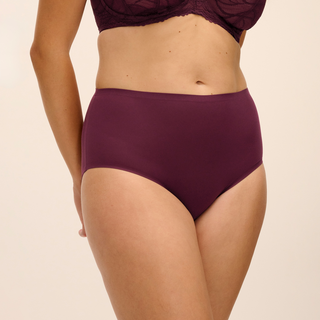 Model wearing Fantasie Smoothease seamless full brief in Purple Bordeaux, close-up front view