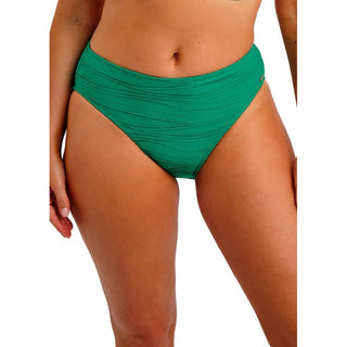 Model wearing Fantasie Swim Beach Waves mid rise bikini brief in Tourmaline, front view