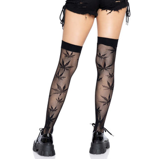 Marijuana Leaf Fishnet Thigh High Stockings - Leg Avenue