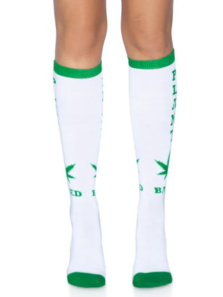Leg Avenue Marijuana Weed Plant Based Knee High Socks Green White 5625 Front