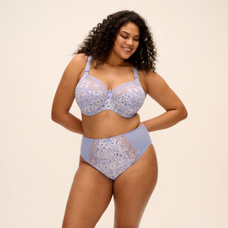 Model wearing Elomi Morgan high leg brief and side support bra in Blue Leopard, front view