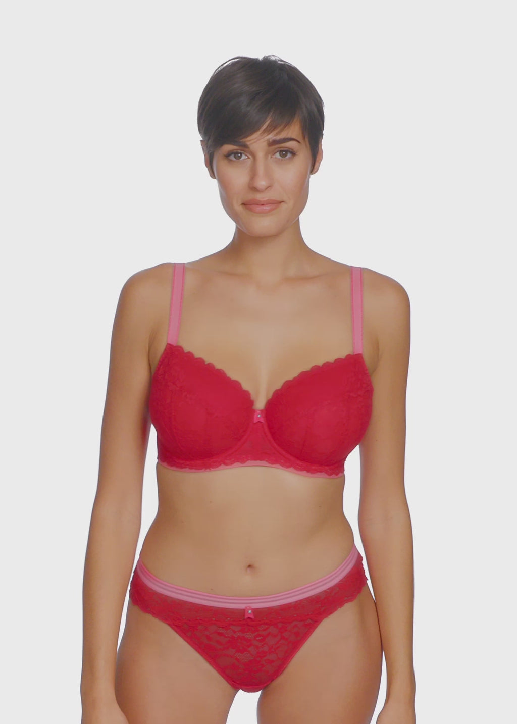 Freya-Lingerie-Offbeat-Chilli-Red-Underwired-Padded-Half-Cup-Bra-AA5453CRD-Brazilian-Brief-AA5457CRD-Video