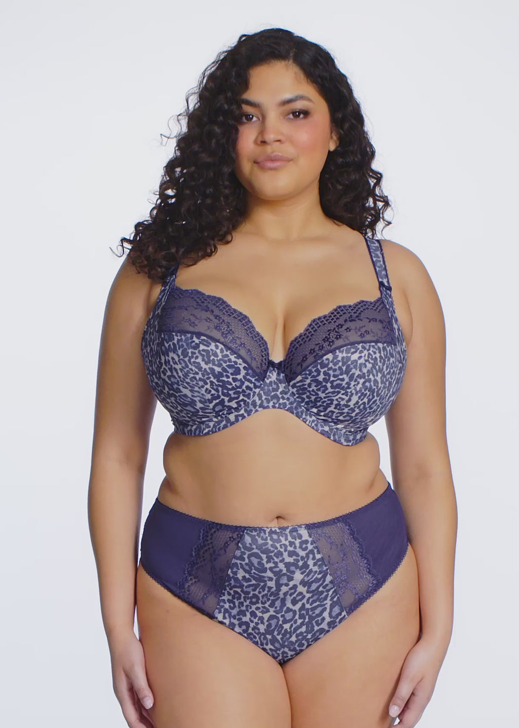 Elomi-Lingerie-Lucie-Midnight-Blue-Leopard-Print-Stretch-Plunge-Bra-EL4490MIH-High-Leg-Brief-EL4498MIH-Video