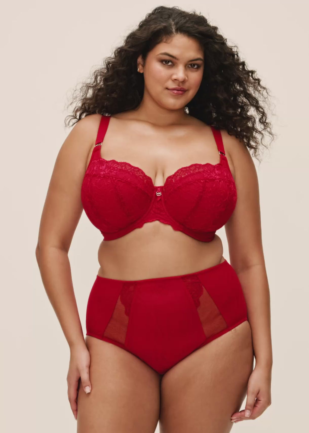 Video of model wearing Elomi Brianna full brief in Haute Red with matching half cup bra