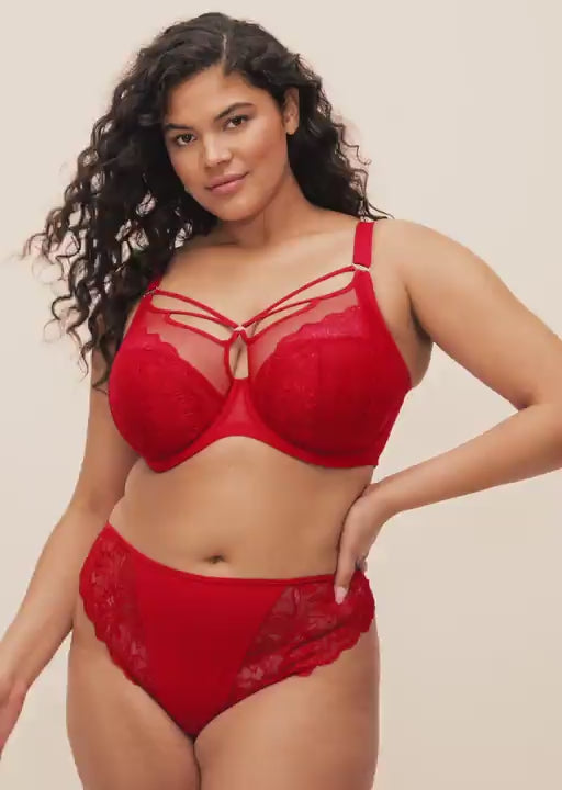 Video of model wearing Elomi Brianna plunge bra in Haute Red with matching thong