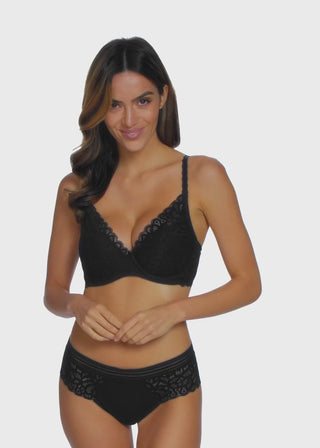 Wacoal-Raffine-Plunge-Push-Up-Bra-Black-WE148003BLK-Tanga-Brief-WE148007BLK-Video