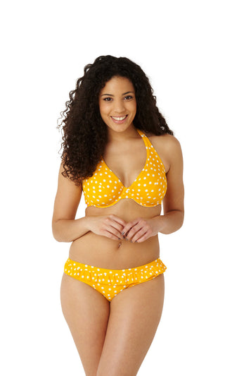 Cleo-Swimwear-Betty-Yellow-Spot-Halterneck-Bikini-Top-CW0034-Frill-Brief-CW0039-Front