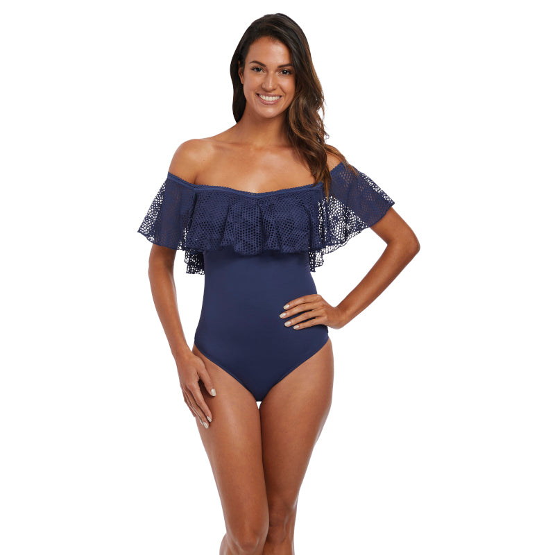 Maillot De Bain Une Pièce Fantasie Marseille Bardot - 95E (44/46) - Bleu Stretch - Neuf