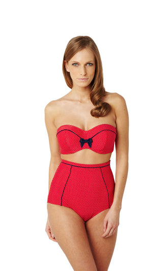 Panache-Swimwear-Britt-Red-Spot-Bandeau-Bikini-Top-SW0823-High Waisted-Brief-SW0826-Front